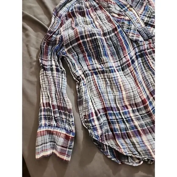 Free People Blue Pink Plaid Patchwork‎ Hooded Popover Blouse Top Size XS - Picture 6 of 10